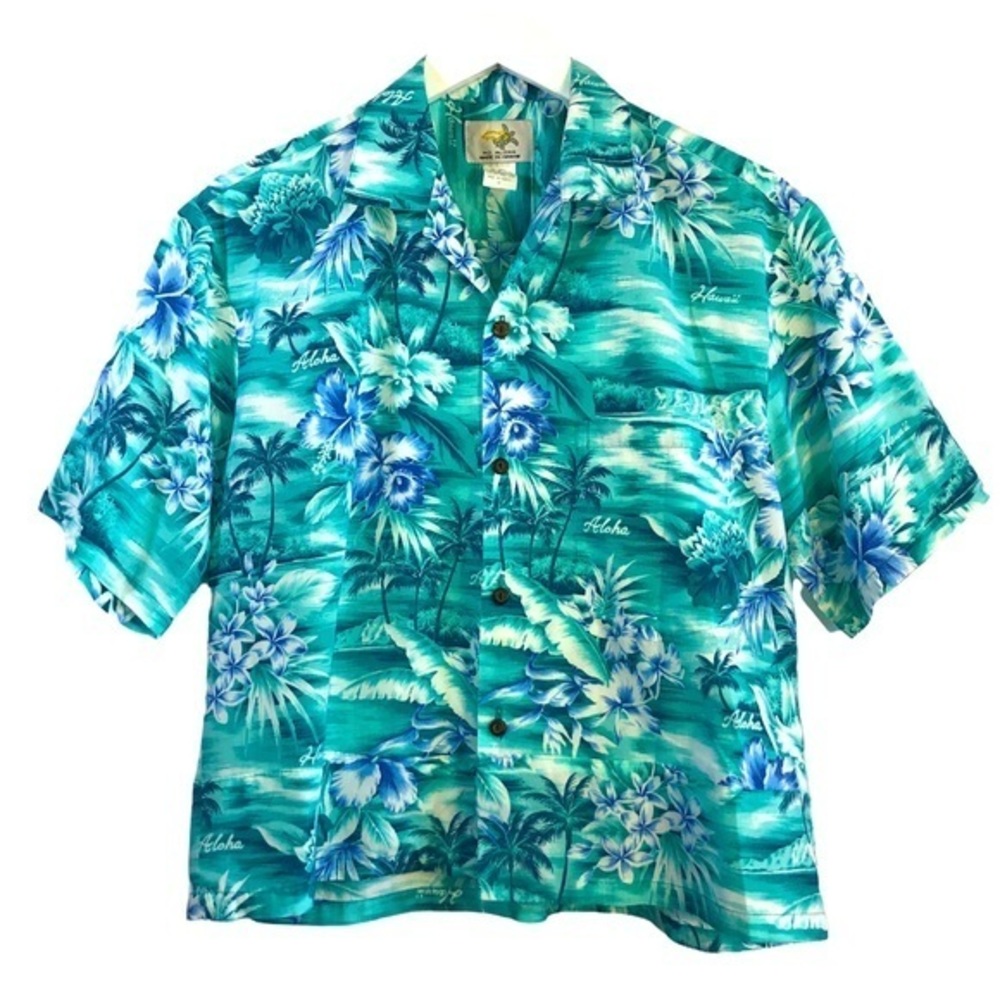 Ho Aloha Blue Tropical Hawaiian Short Sleeve Button Up Shirt Size Medium